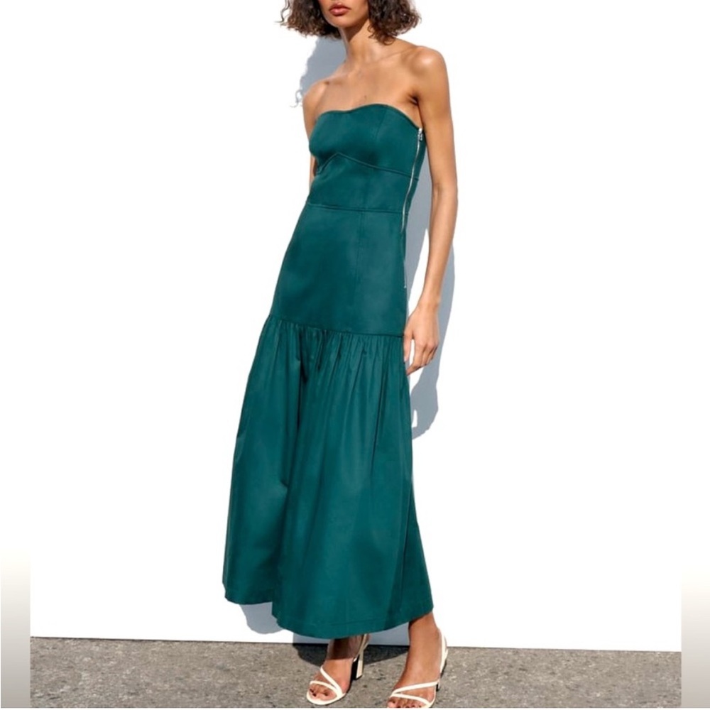 Zara Strapless topstitched corset style maxi long green dress sz.S